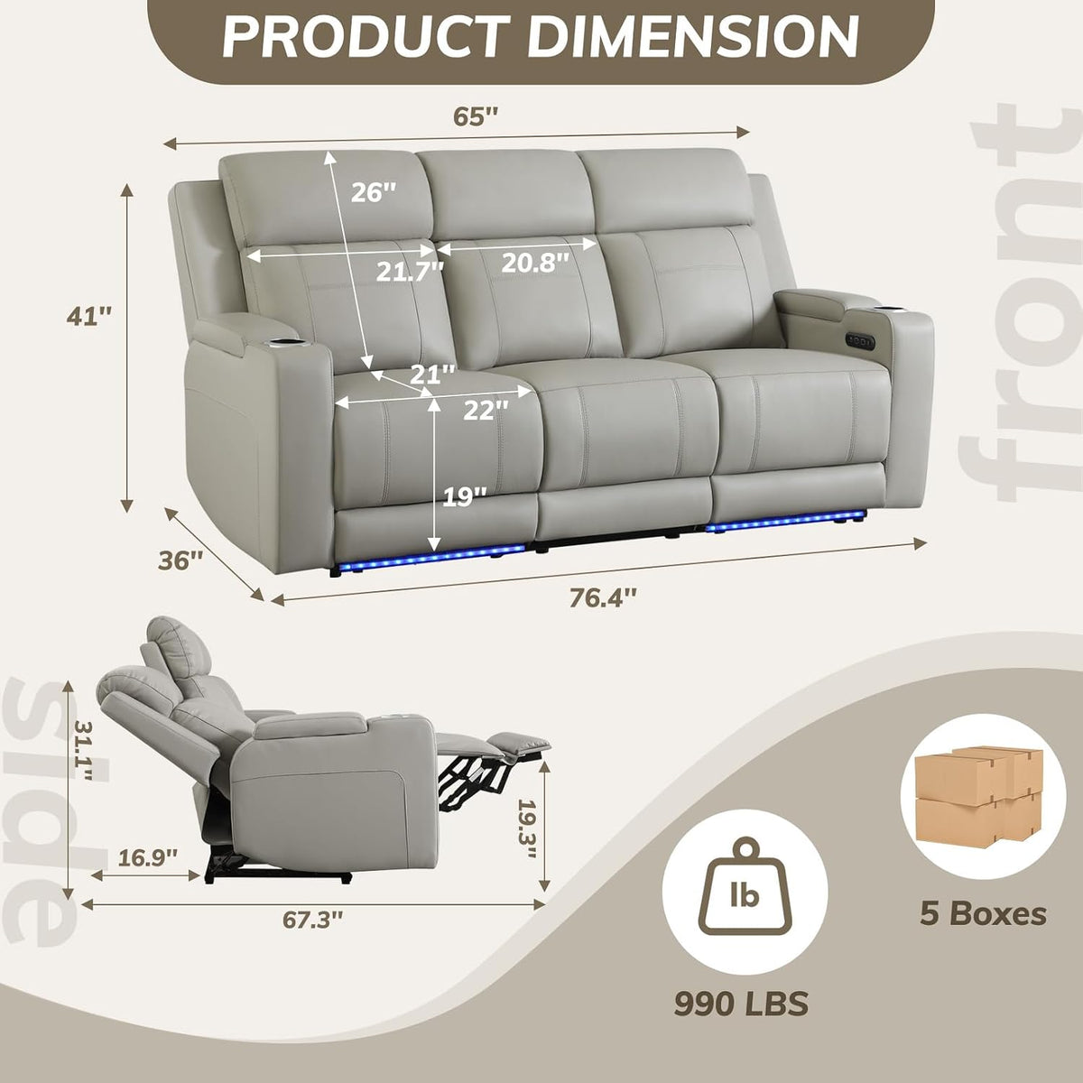 Power Recliner Sofa, Home Theater Seating with Adjustable Headrest, Blue LED Lighting, Reclining Loveseat, Flip-Up Backrest Storage, Multi-Port Charger, Cup Holder, USB