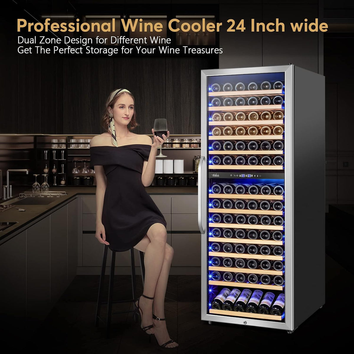 24 Inch Wine Cooler Fridge Dual Zone, Professional Large Capacity High Wine Refrigerator with Powerful Compressor, Quiet Operation and Elegant Design-Kmhj408D