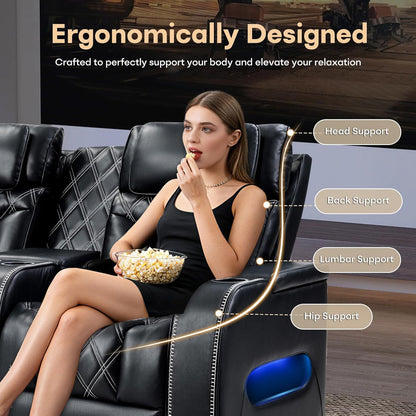 Home Theater Seating, Power Recliner Sofa Set with Adjustable Headrests, PU Leather Reclining Loveseat and Chair with Ambient Lighting, Cup Holders, USB & Type C Ports, Armrest Storage, Black