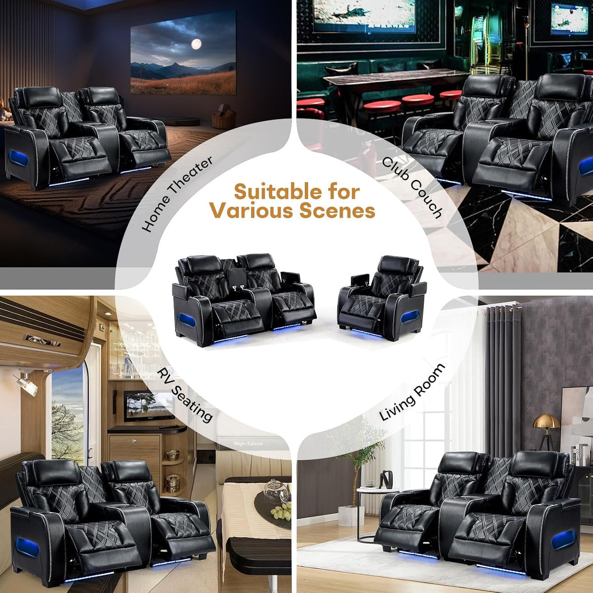 Home Theater Seating, Power Recliner Sofa Set with Adjustable Headrests, PU Leather Reclining Loveseat and Chair with Ambient Lighting, Cup Holders, USB & Type C Ports, Armrest Storage, Black
