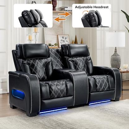 Home Theater Seating, Power Recliner Sofa Set with Adjustable Headrests, PU Leather Reclining Loveseat and Chair with Ambient Lighting, Cup Holders, USB & Type C Ports, Armrest Storage, Black