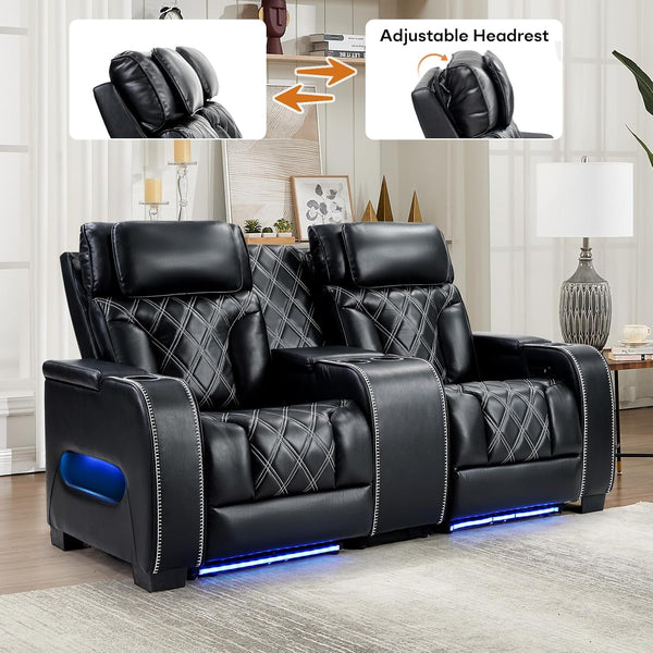 Home Theater Seating, Power Recliner Sofa Set with Adjustable Headrests, PU Leather Reclining Loveseat and Chair with Ambient Lighting, Cup Holders, USB & Type C Ports, Armrest Storage, Black