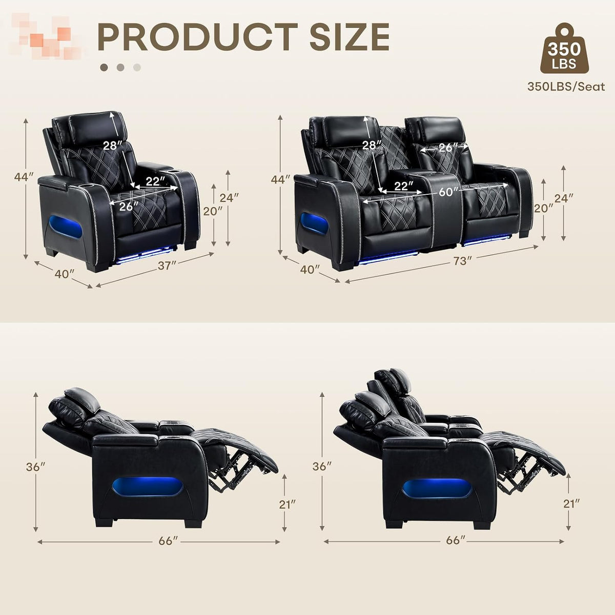 Home Theater Seating, Power Recliner Sofa Set with Adjustable Headrests, PU Leather Reclining Loveseat and Chair with Ambient Lighting, Cup Holders, USB & Type C Ports, Armrest Storage, Black