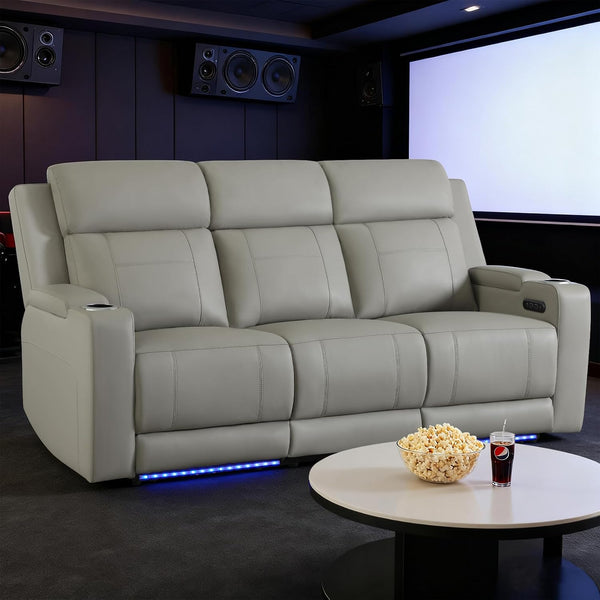 Power Recliner Sofa, Home Theater Seating with Adjustable Headrest, Blue LED Lighting, Reclining Loveseat, Flip-Up Backrest Storage, Multi-Port Charger, Cup Holder, USB