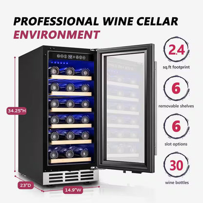15 In. Single Zone 30-Wine Bottles Beverage and Wine Cooler Wine Cooler in Black