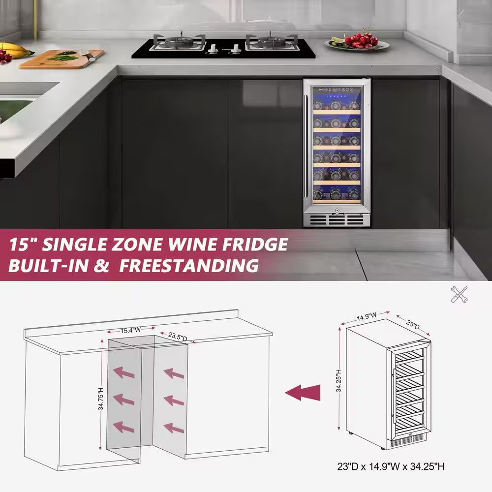 15 In. Single Zone 30-Wine Bottles Beverage and Wine Cooler Wine Cooler in Black