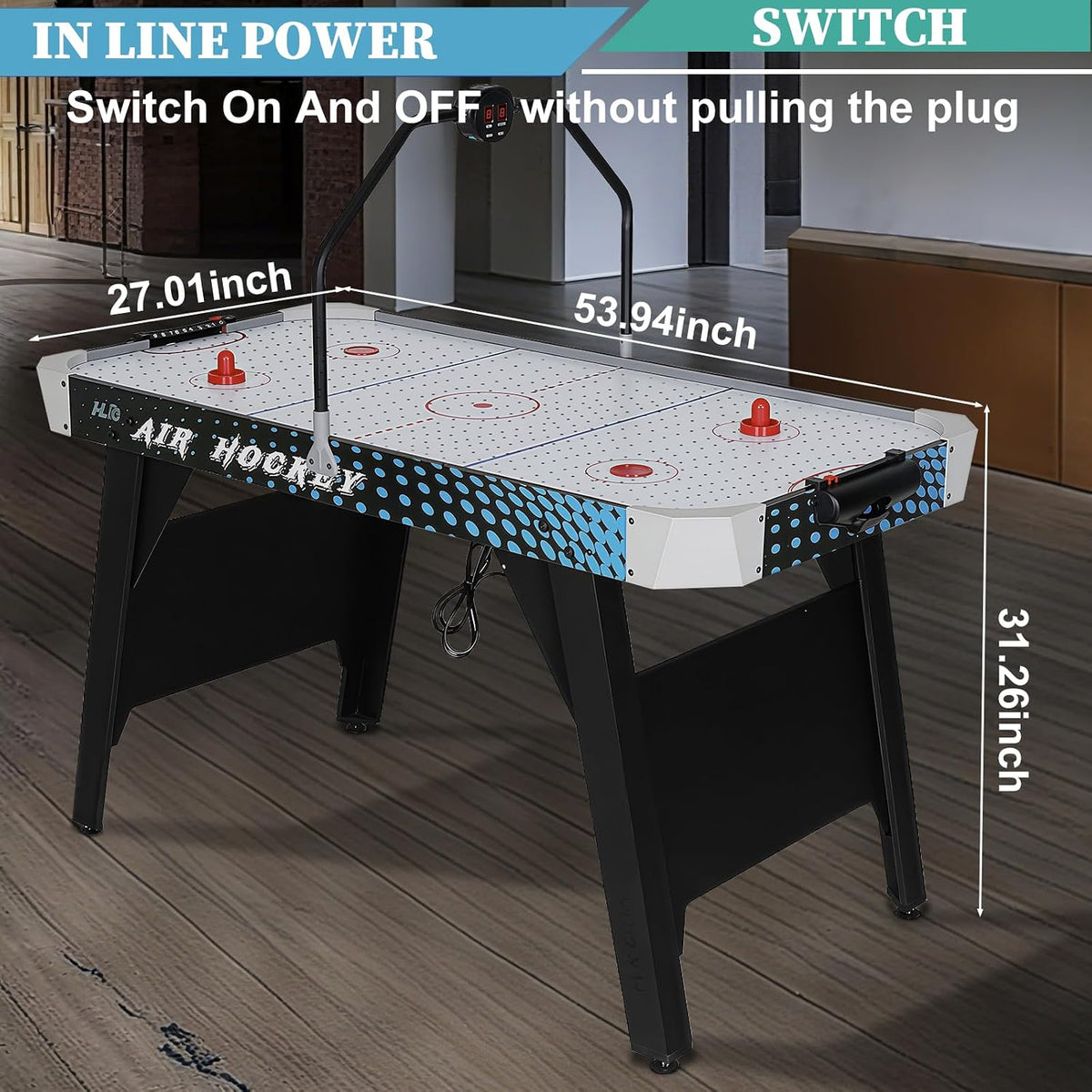 54" Air Hockey Table with LED Electronic Scoring & Powerful Motor, Large Arcade Game Table for Game Room, Home & Office, Hockey Game for Kids & Adults