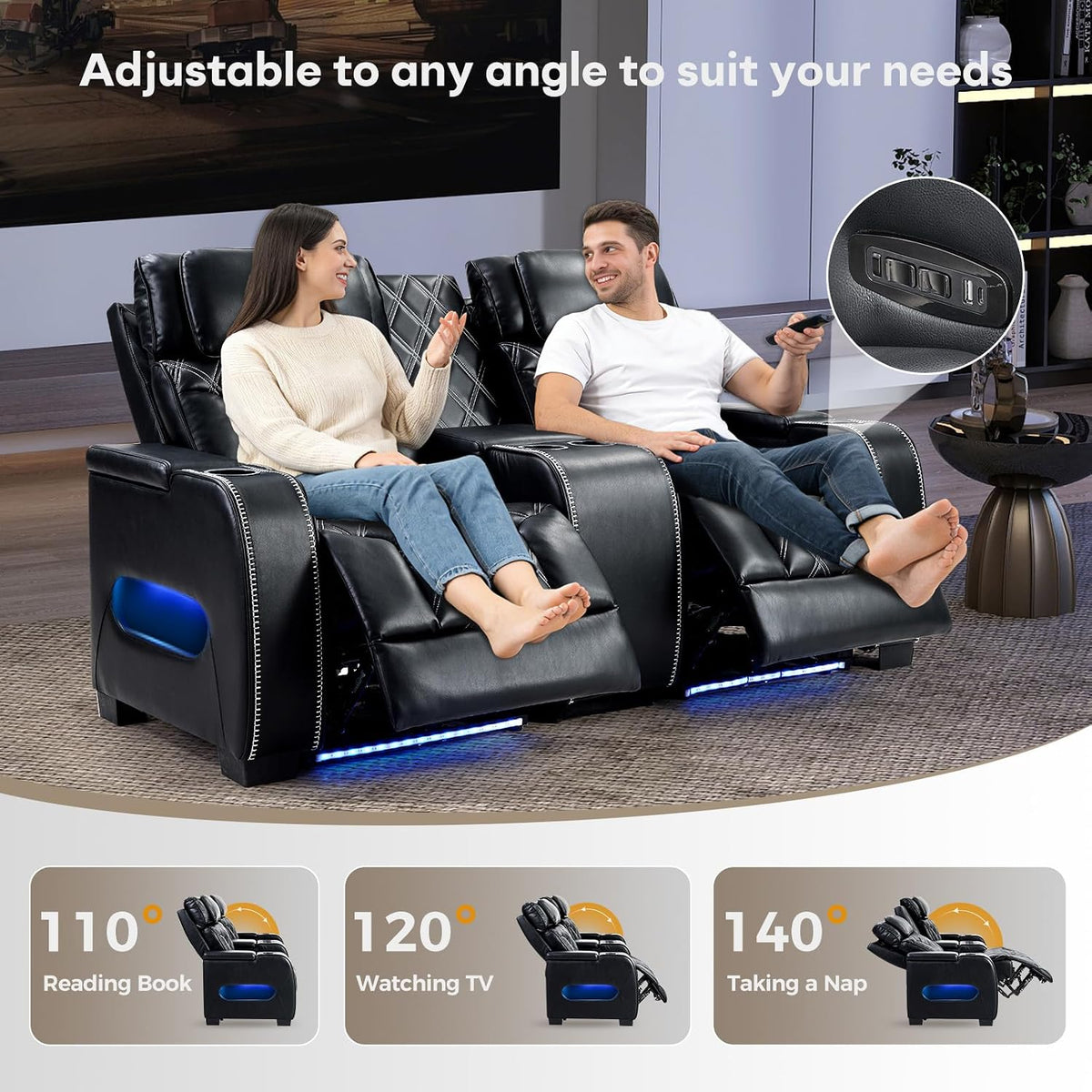 Home Theater Seating, Power Recliner Sofa Set with Adjustable Headrests, PU Leather Reclining Loveseat and Chair with Ambient Lighting, Cup Holders, USB & Type C Ports, Armrest Storage, Black