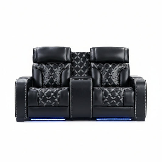 Home Theater Seating, Power Recliner Sofa Set with Adjustable Headrests, PU Leather Reclining Loveseat and Chair with Ambient Lighting, Cup Holders, USB & Type C Ports, Armrest Storage, Black