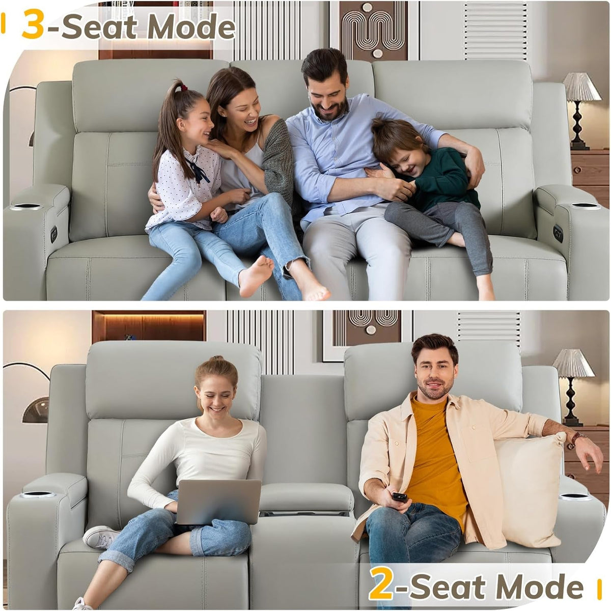 Power Recliner Sofa, Home Theater Seating with Adjustable Headrest, Blue LED Lighting, Reclining Loveseat, Flip-Up Backrest Storage, Multi-Port Charger, Cup Holder, USB — product view 8